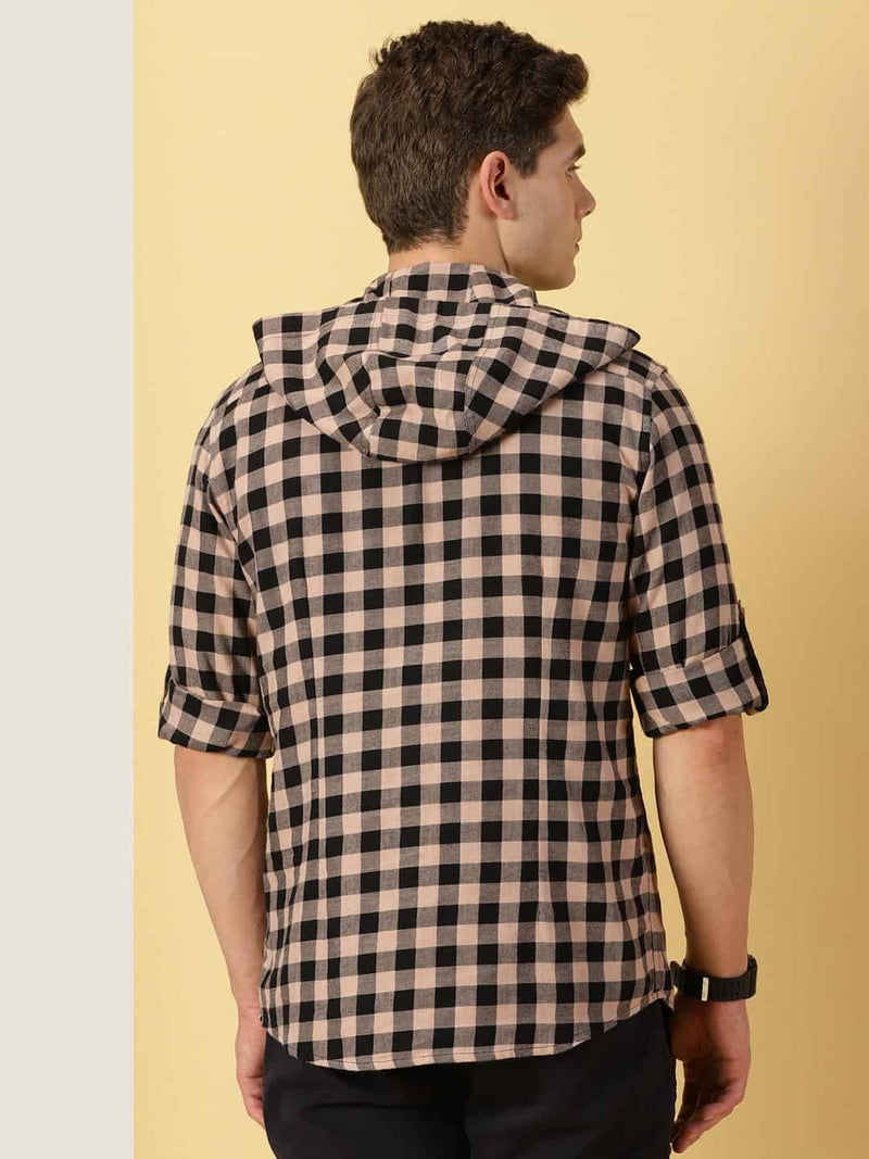 Thomas Scott Men Classic Hood Gingham Checked Twill Casual Pure Cotton Shirt