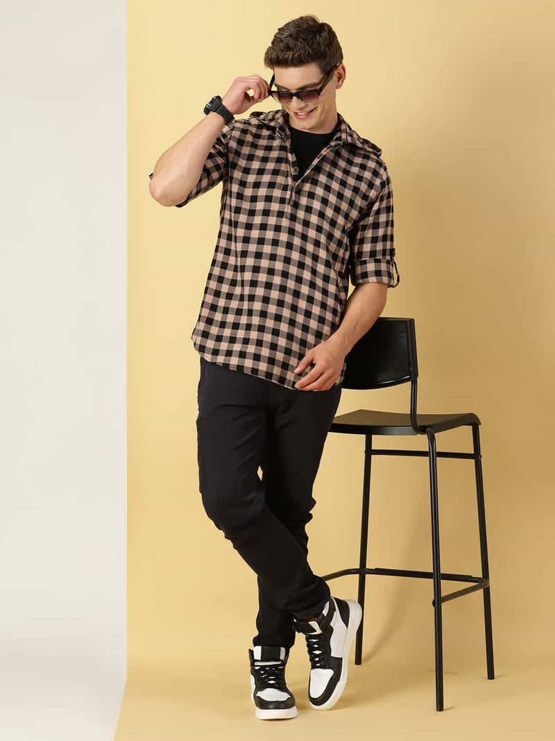 Thomas Scott Men Classic Hood Gingham Checked Twill Casual Pure Cotton Shirt