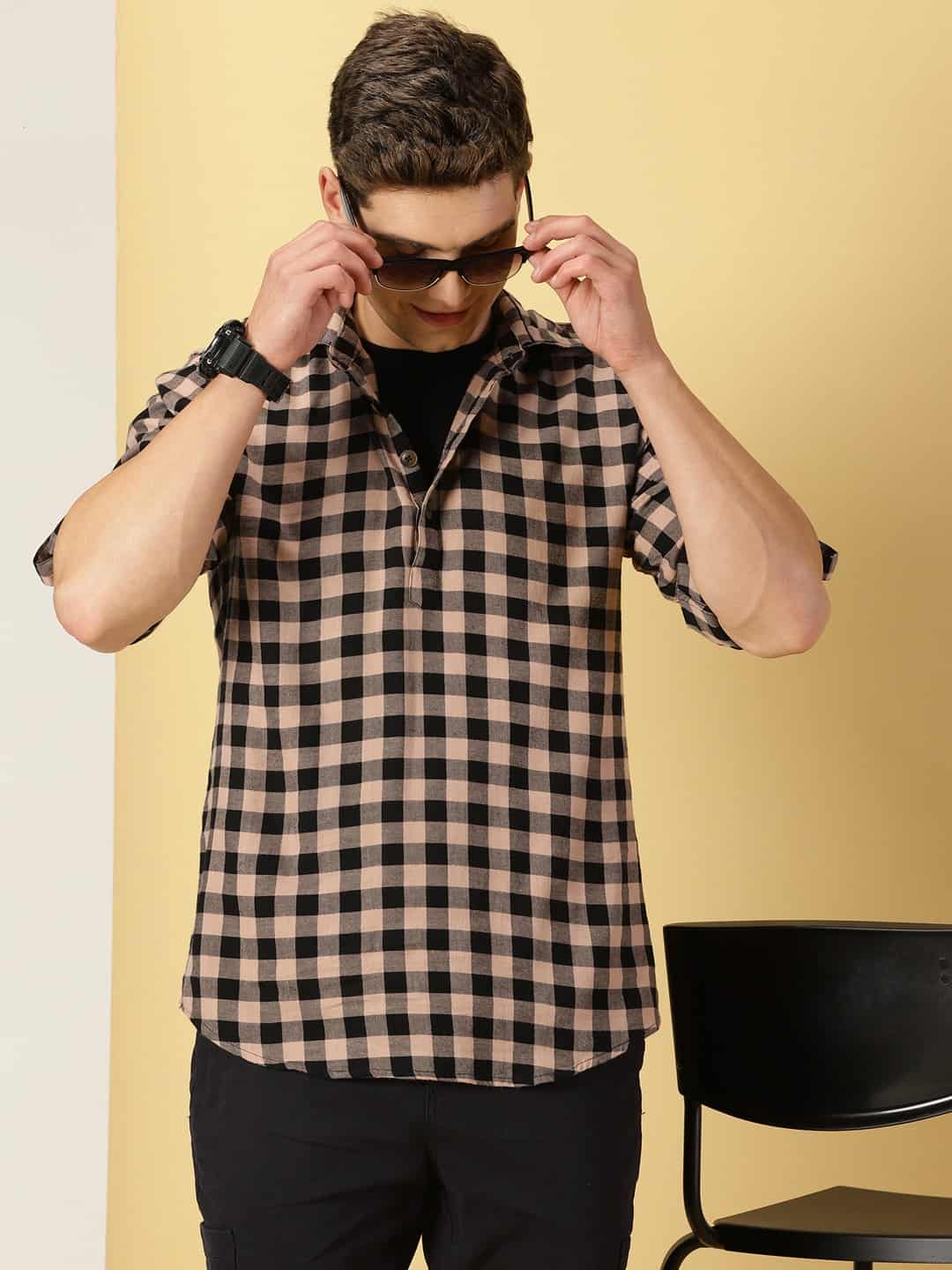 Thomas Scott Men Classic Hood Gingham Checked Twill Casual Pure Cotton Shirt