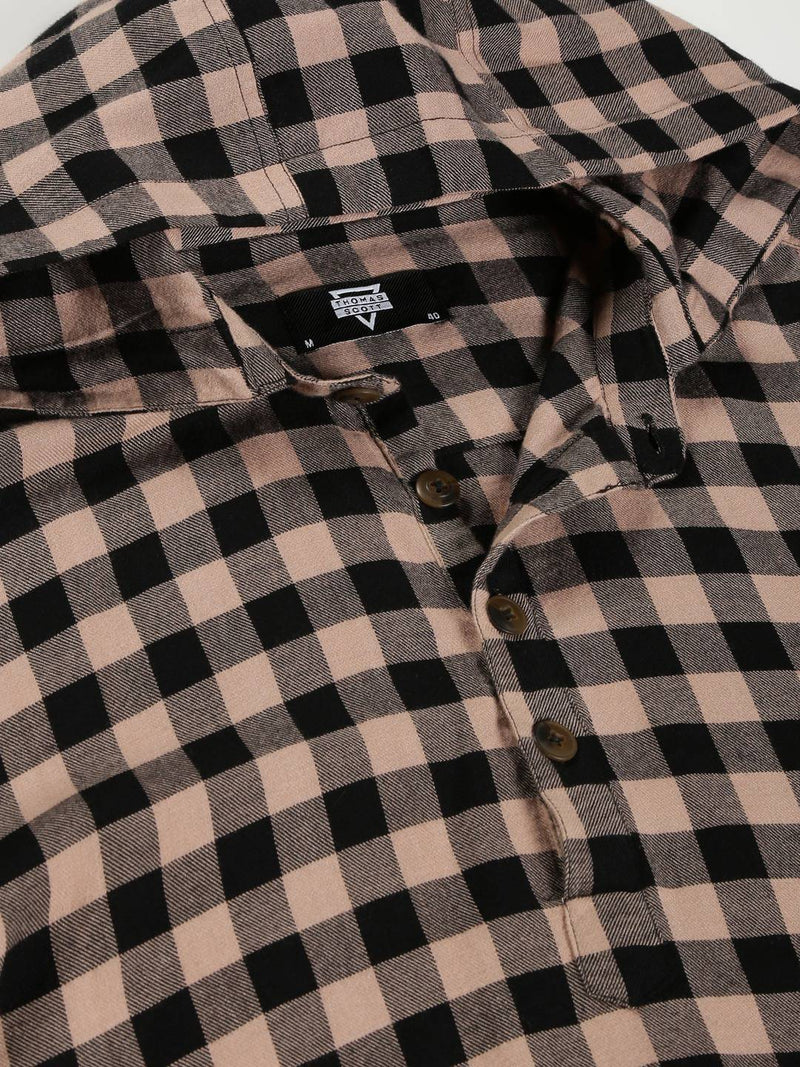 Thomas Scott Men Classic Hood Gingham Checked Twill Casual Pure Cotton Shirt