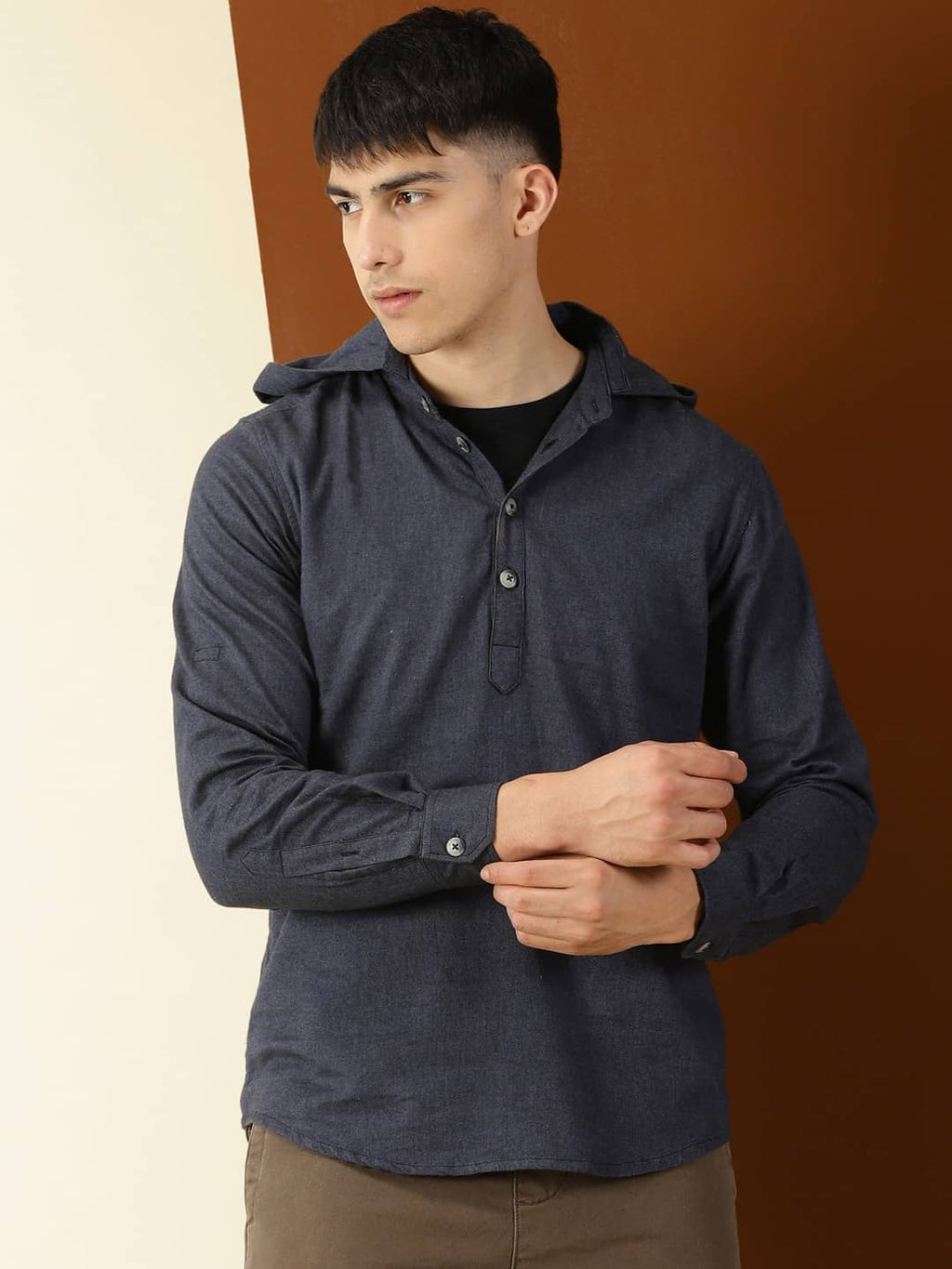 Thomas Scott Men Modern Hooded Twill Opaque Pure Cotton Casual Shirt