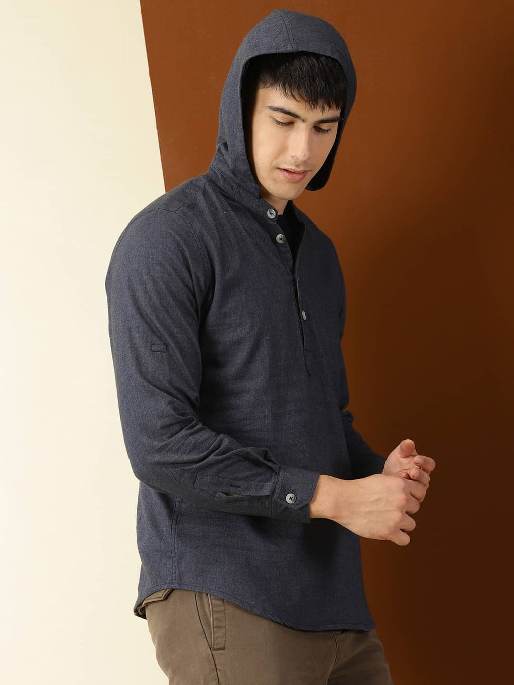 Thomas Scott Men Modern Hooded Twill Opaque Pure Cotton Casual Shirt