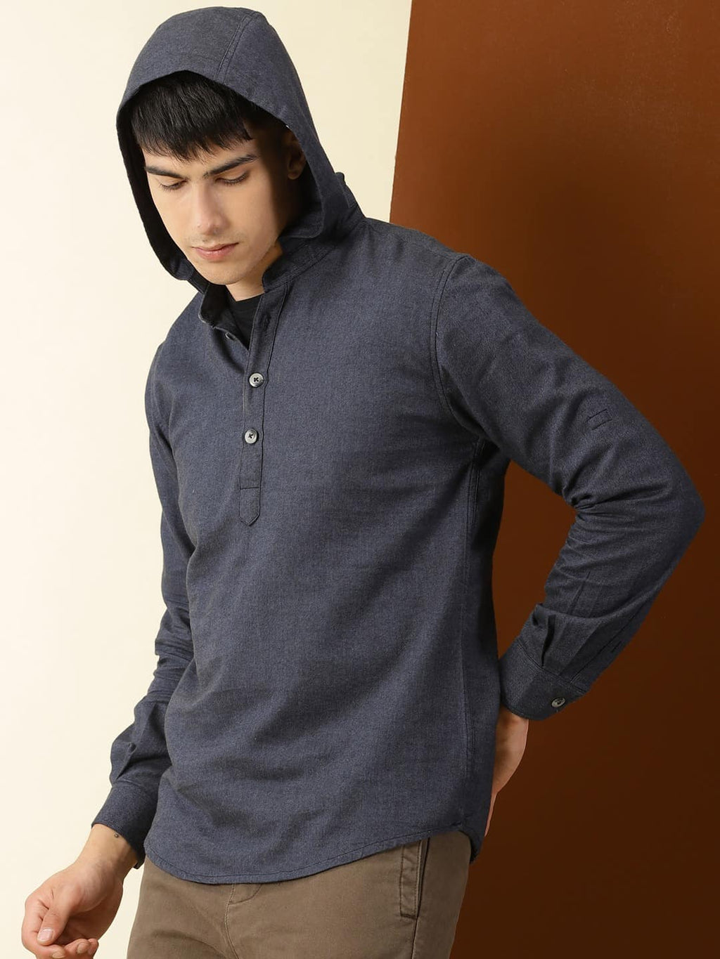 Thomas Scott Men Modern Hooded Twill Opaque Pure Cotton Casual Shirt