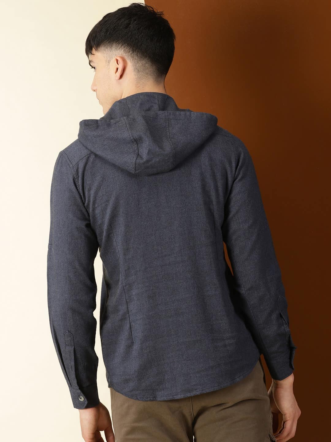 Thomas Scott Men Modern Hooded Twill Opaque Pure Cotton Casual Shirt