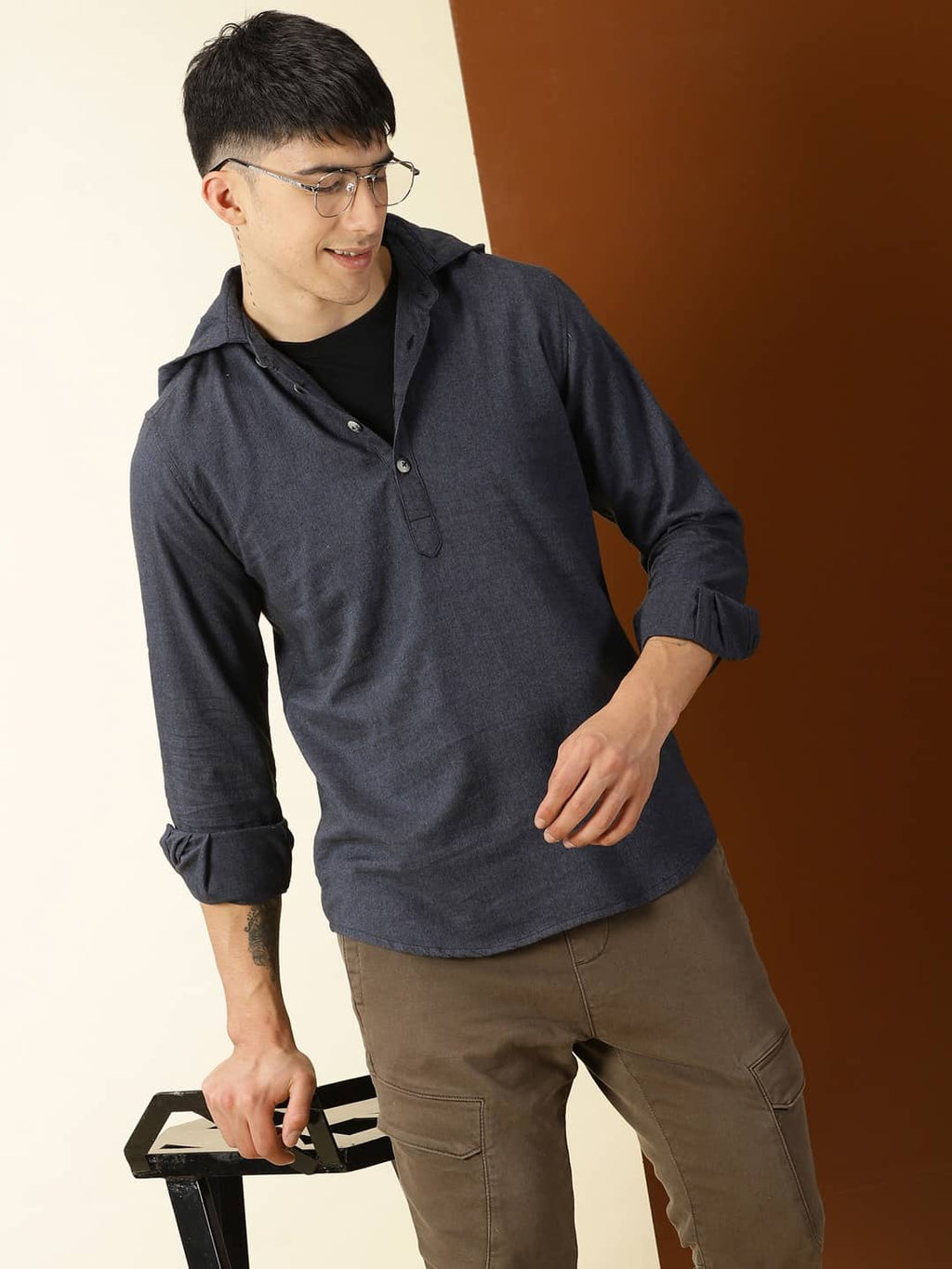 Thomas Scott Men Modern Hooded Twill Opaque Pure Cotton Casual Shirt