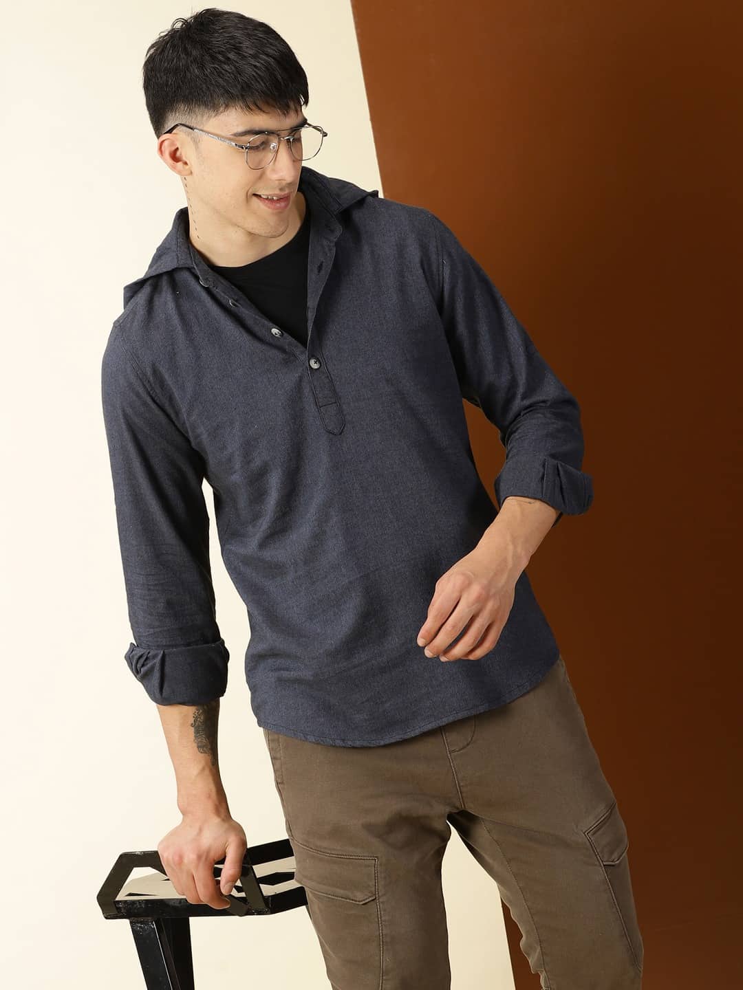 Thomas Scott Men Modern Hooded Twill Opaque Pure Cotton Casual Shirt