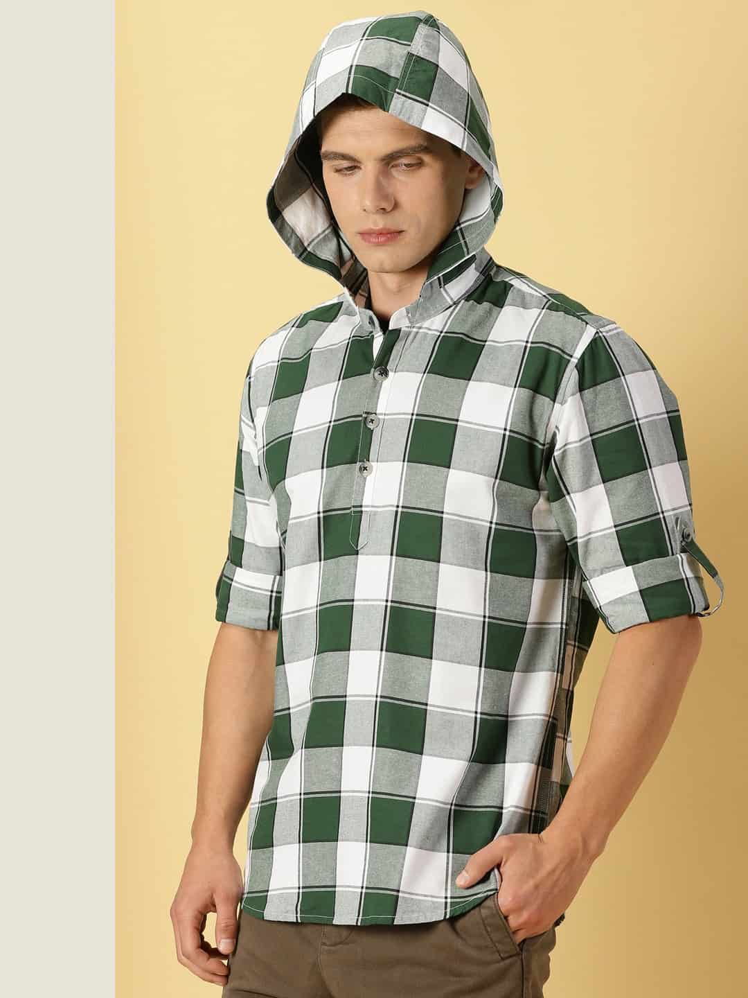 Thomas Scott Men Classic Hood Checked Twill Casual Pure Cotton Shirt