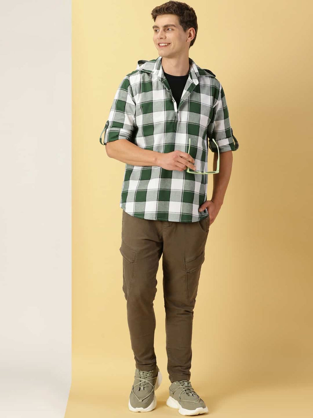 Thomas Scott Men Classic Hood Checked Twill Casual Pure Cotton Shirt