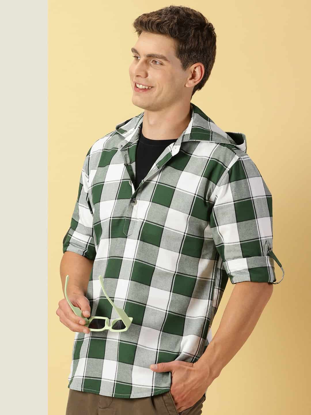 Thomas Scott Men Classic Hood Checked Twill Casual Pure Cotton Shirt