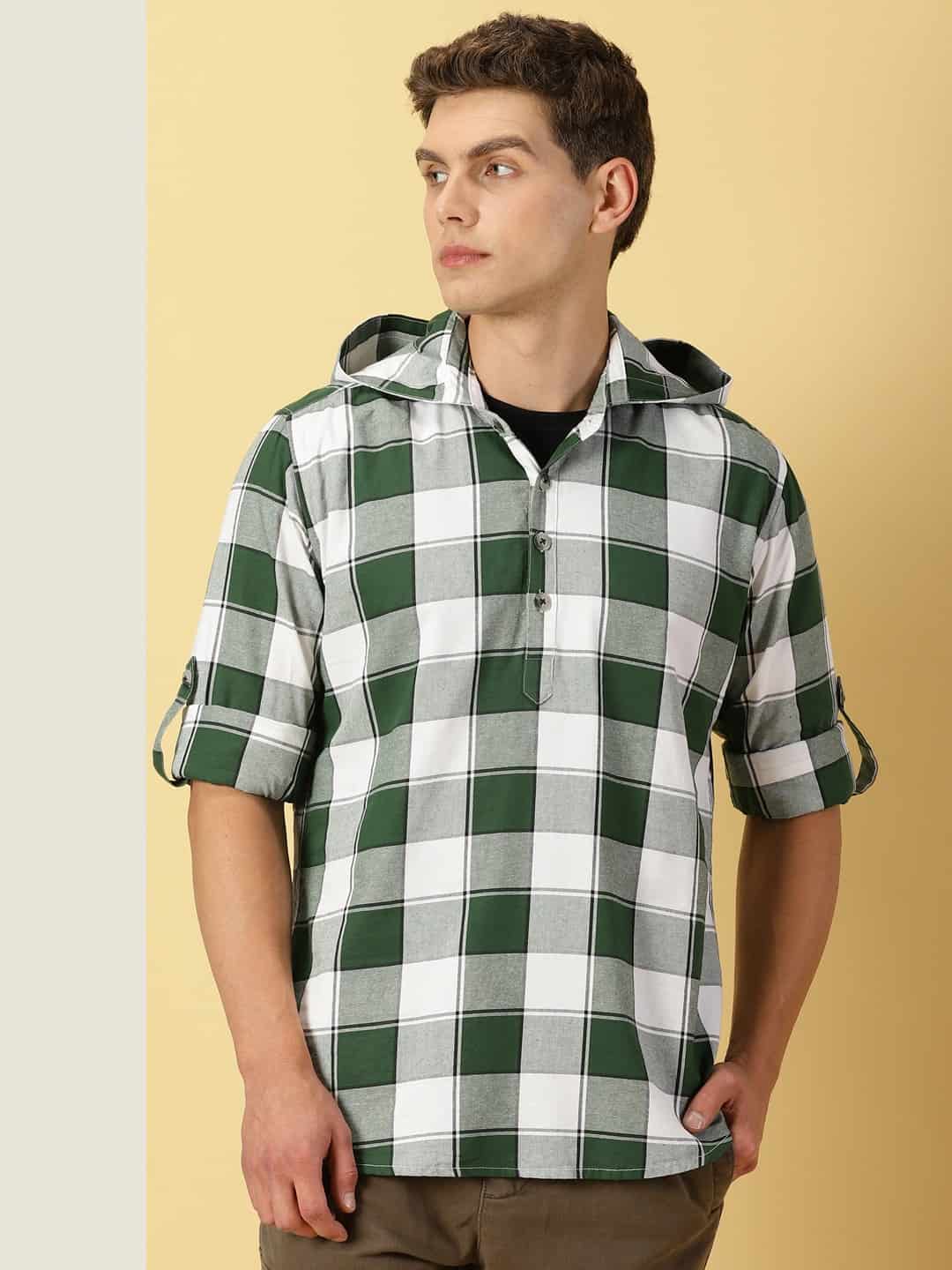 Thomas Scott Men Classic Hood Checked Twill Casual Pure Cotton Shirt