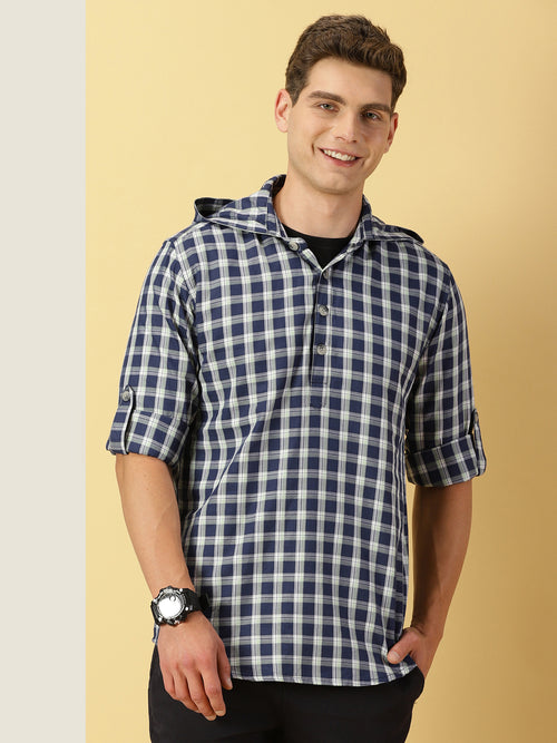 Thomas Scott Men Classic Tartan Checks Roll-Up Sleeves Twill Cotton Hooded Casual Shirt