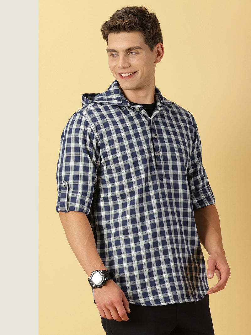 Thomas Scott Men Classic Tartan Checks Roll-Up Sleeves Twill Cotton Hooded Casual Shirt