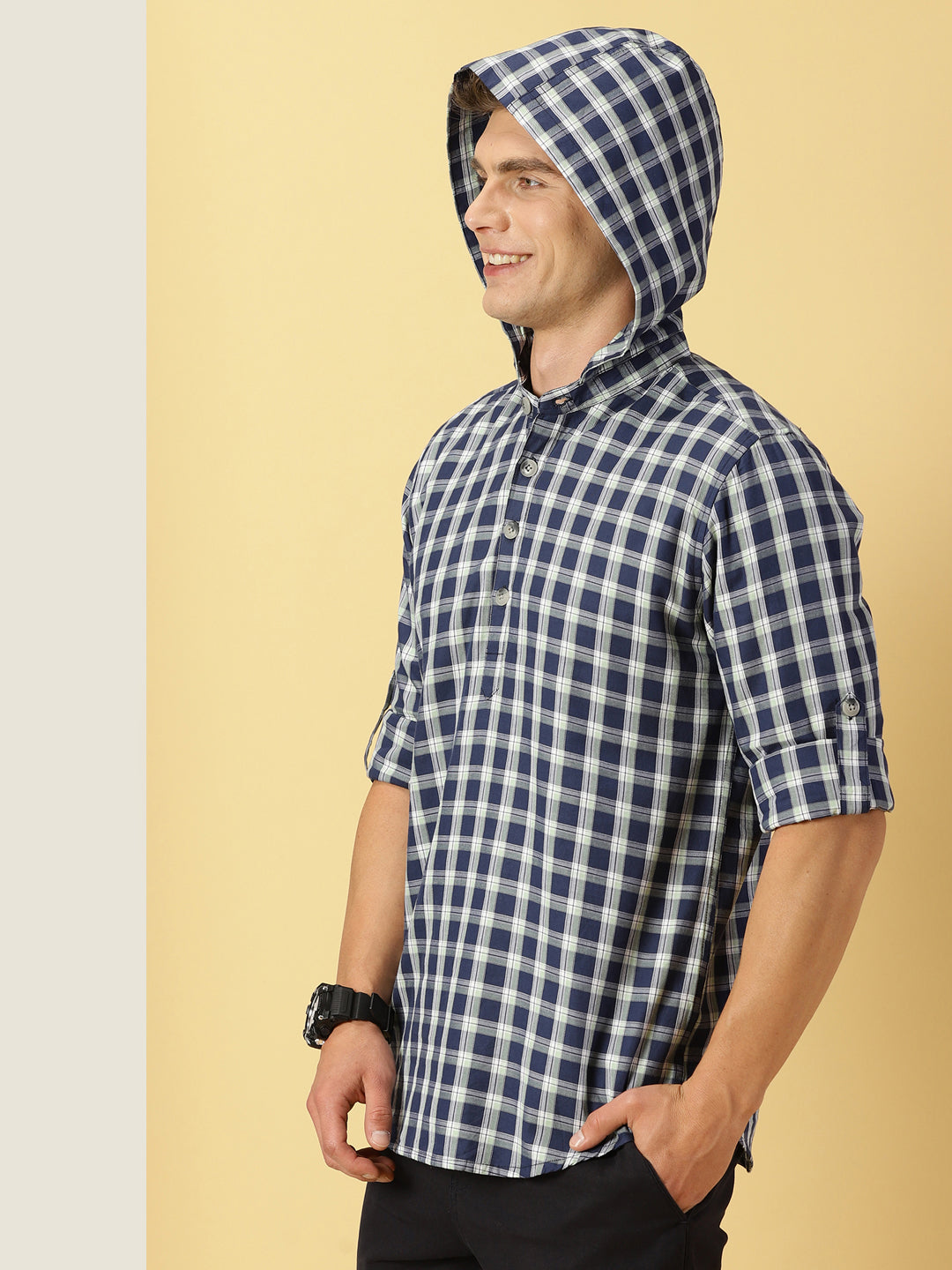 Thomas Scott Men Classic Tartan Checks Roll-Up Sleeves Twill Cotton Hooded Casual Shirt