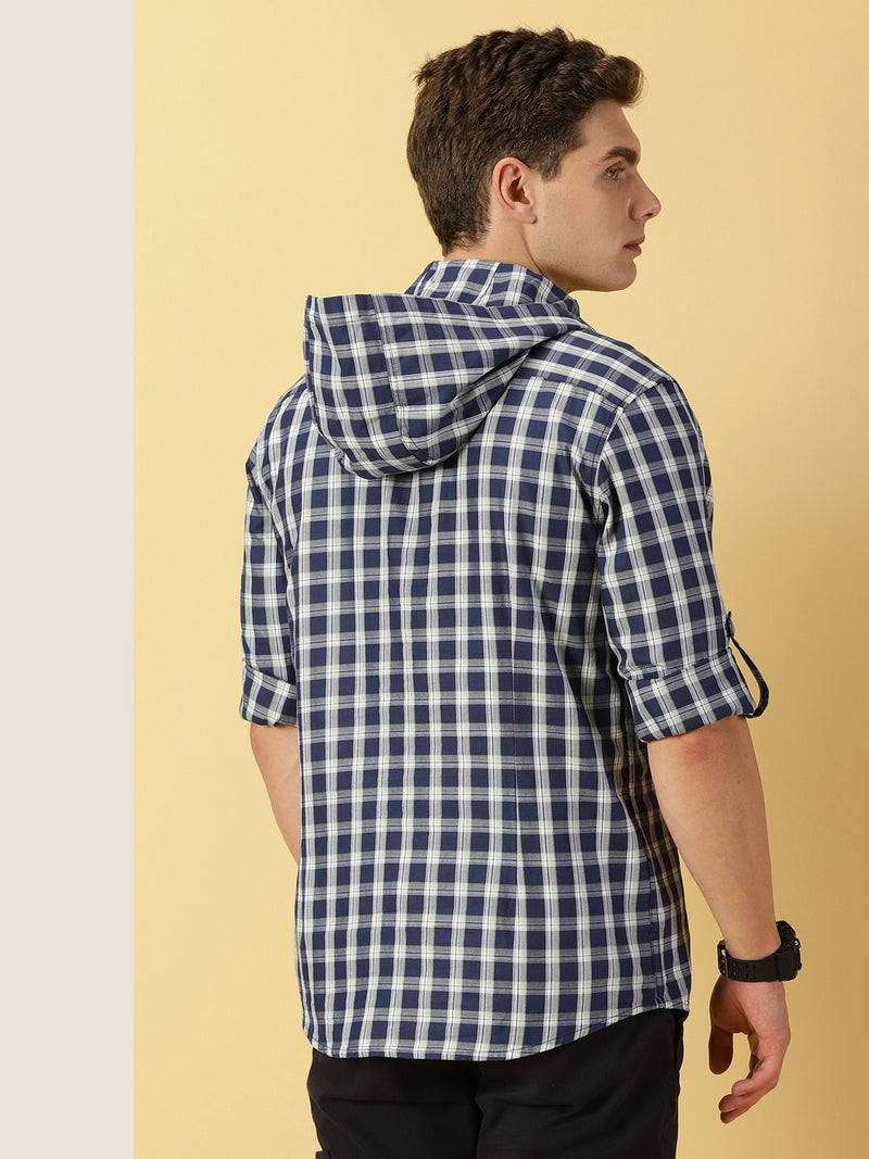 Thomas Scott Men Classic Tartan Checks Roll-Up Sleeves Twill Cotton Hooded Casual Shirt