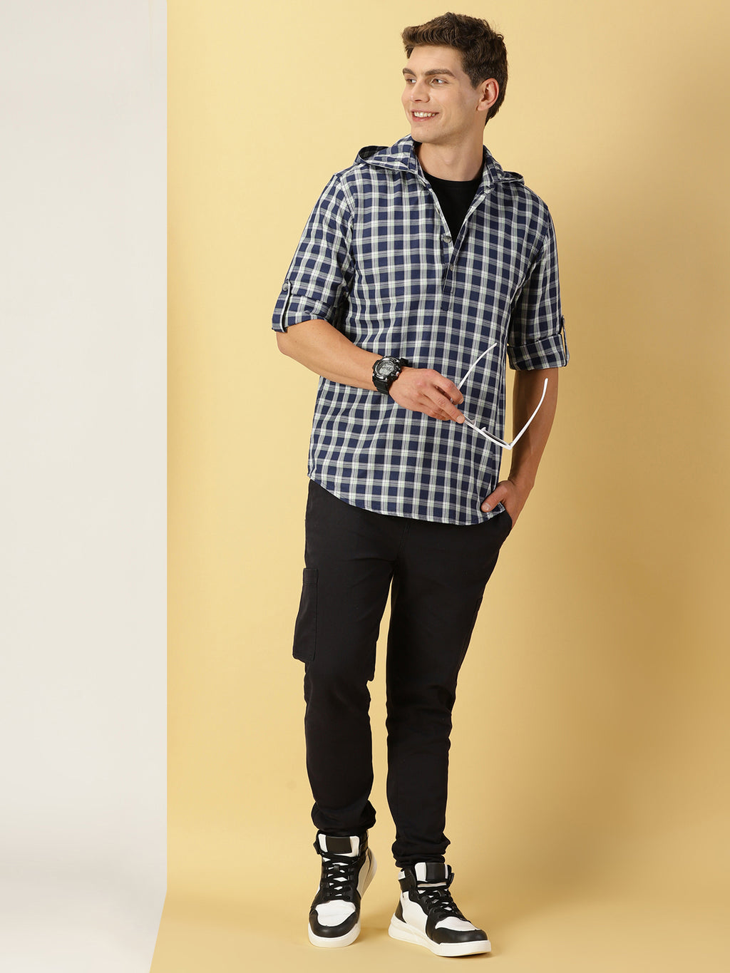 Thomas Scott Men Classic Tartan Checks Roll-Up Sleeves Twill Cotton Hooded Casual Shirt