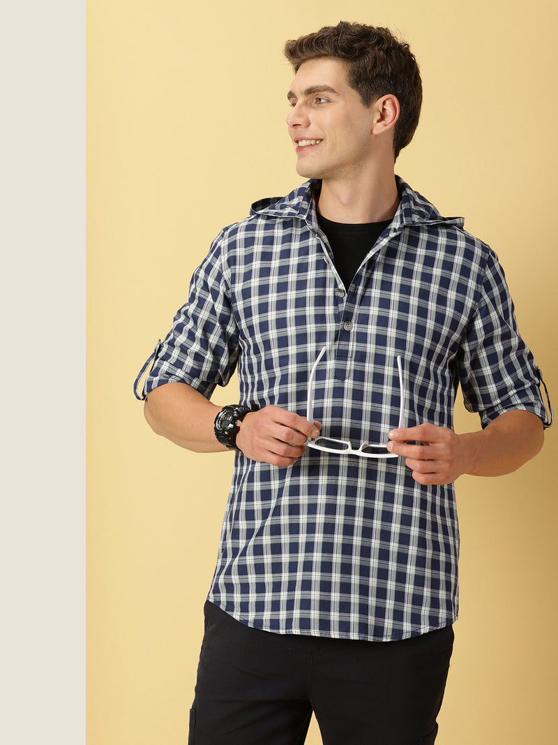 Thomas Scott Men Classic Tartan Checks Roll-Up Sleeves Twill Cotton Hooded Casual Shirt