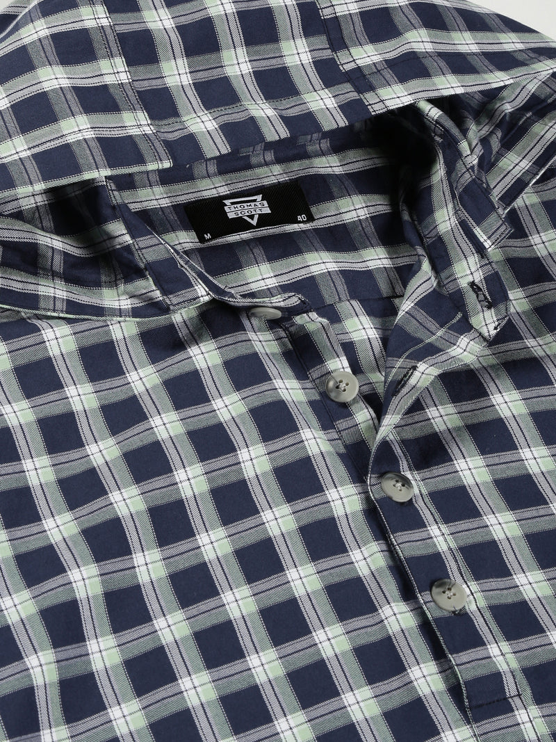 Thomas Scott Men Classic Tartan Checks Roll-Up Sleeves Twill Cotton Hooded Casual Shirt