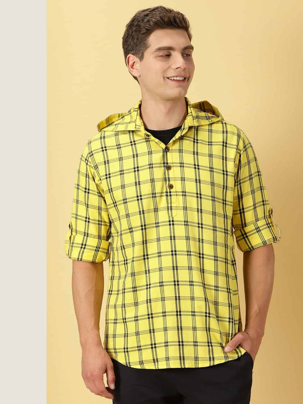 Thomas Scott Men Classic Hood Windowpane Checked Twill Casual Pure Cotton Shirt
