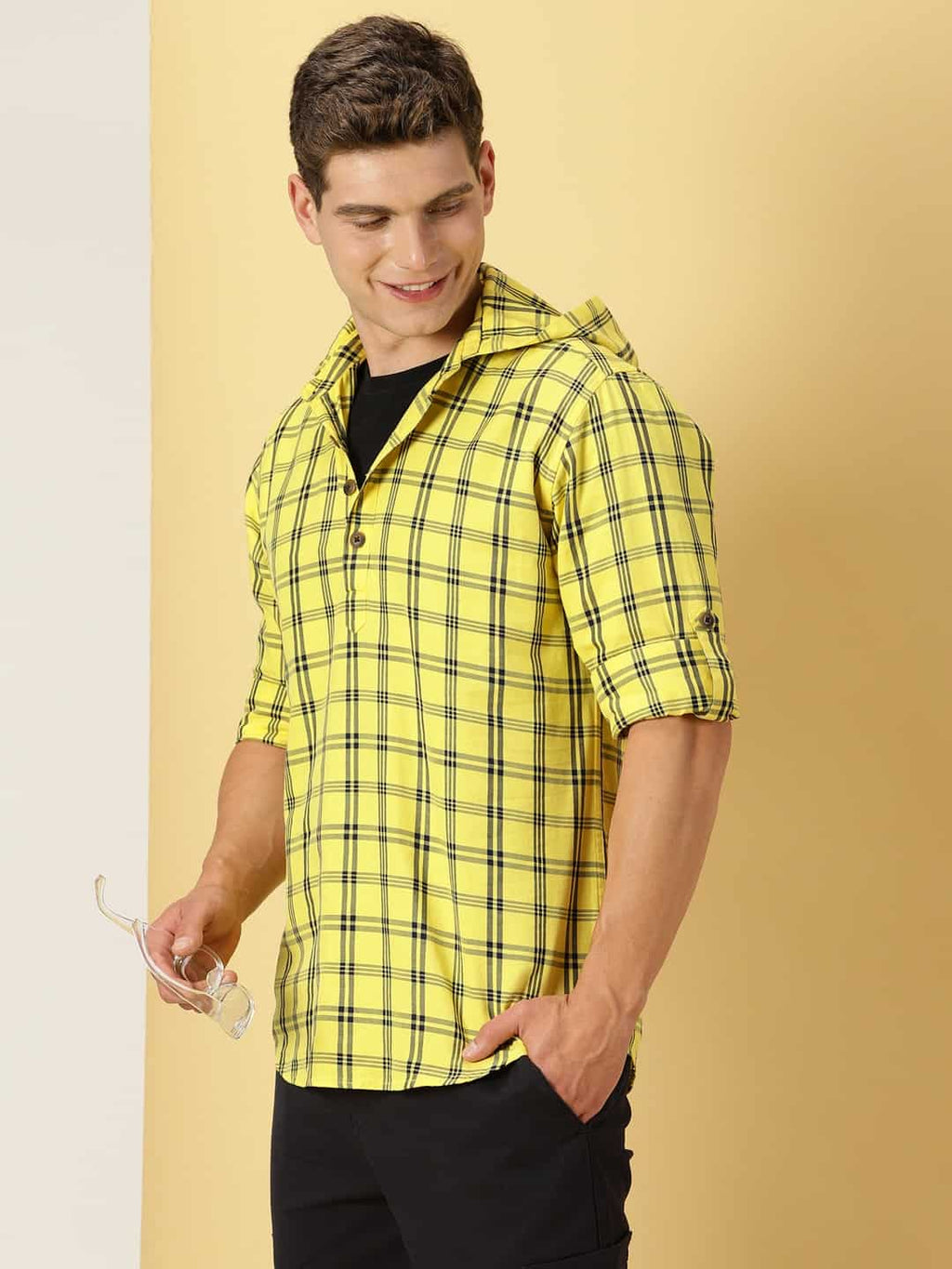 Thomas Scott Men Classic Hood Windowpane Checked Twill Casual Pure Cotton Shirt