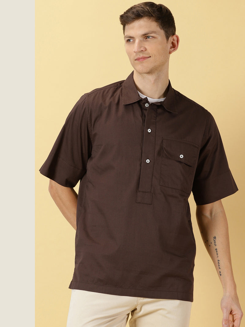 Thomas Scott Men Brown Regular Fit Short Sleeves Spread Collar Solid Cotton Casual Shirt