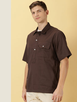 Thomas Scott Men Brown Regular Fit Short Sleeves Spread Collar Solid Cotton Casual Shirt