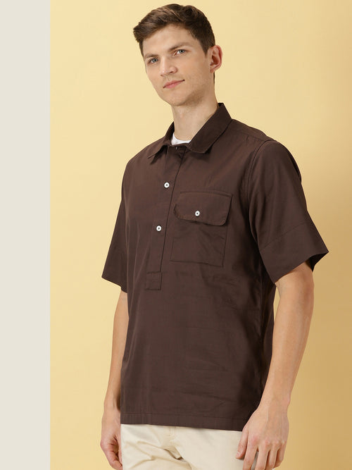 Thomas Scott Men Brown Regular Fit Short Sleeves Spread Collar Solid Cotton Casual Shirt