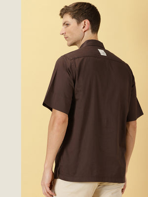 Thomas Scott Men Brown Regular Fit Short Sleeves Spread Collar Solid Cotton Casual Shirt