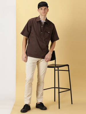 Thomas Scott Men Brown Regular Fit Short Sleeves Spread Collar Solid Cotton Casual Shirt