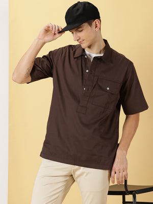 Thomas Scott Men Brown Regular Fit Short Sleeves Spread Collar Solid Cotton Casual Shirt