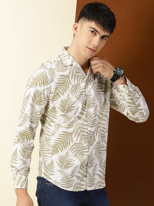 Thomas Scott Men Beige Regular Fit 100% Cotton Floral Printed Casual Shirt with Long Sleeves & Spread Collar