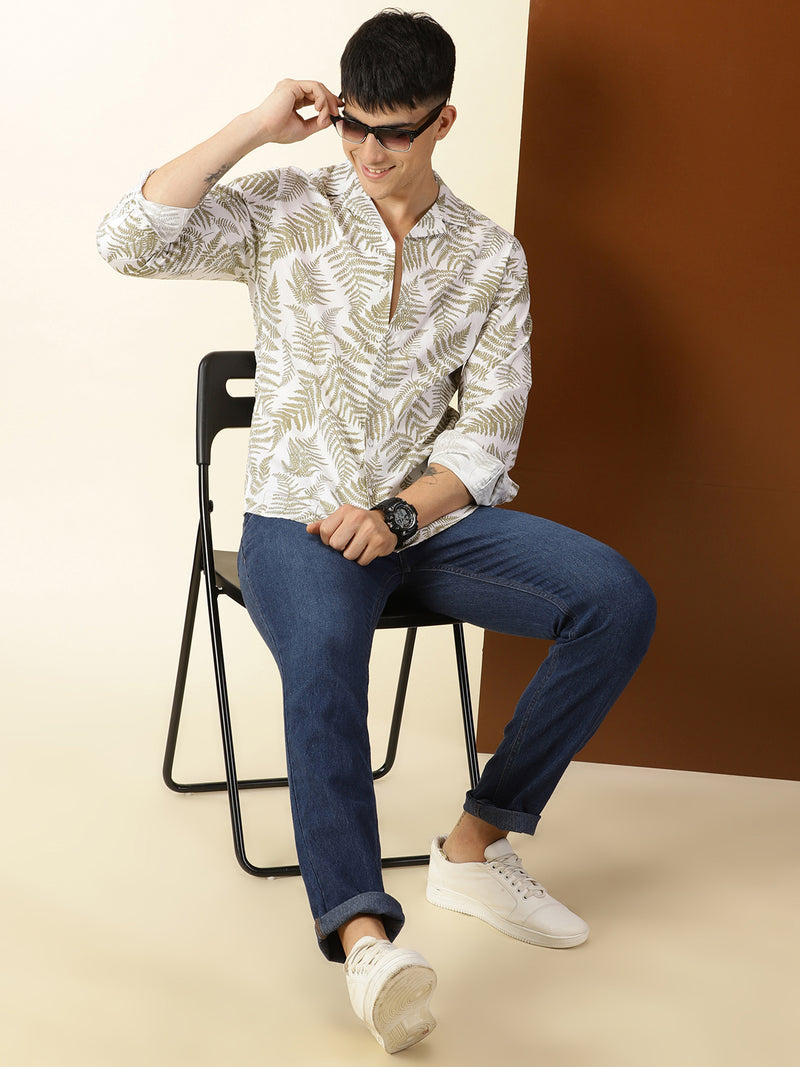 Thomas Scott Men Beige Regular Fit 100% Cotton Floral Printed Casual Shirt with Long Sleeves & Spread Collar