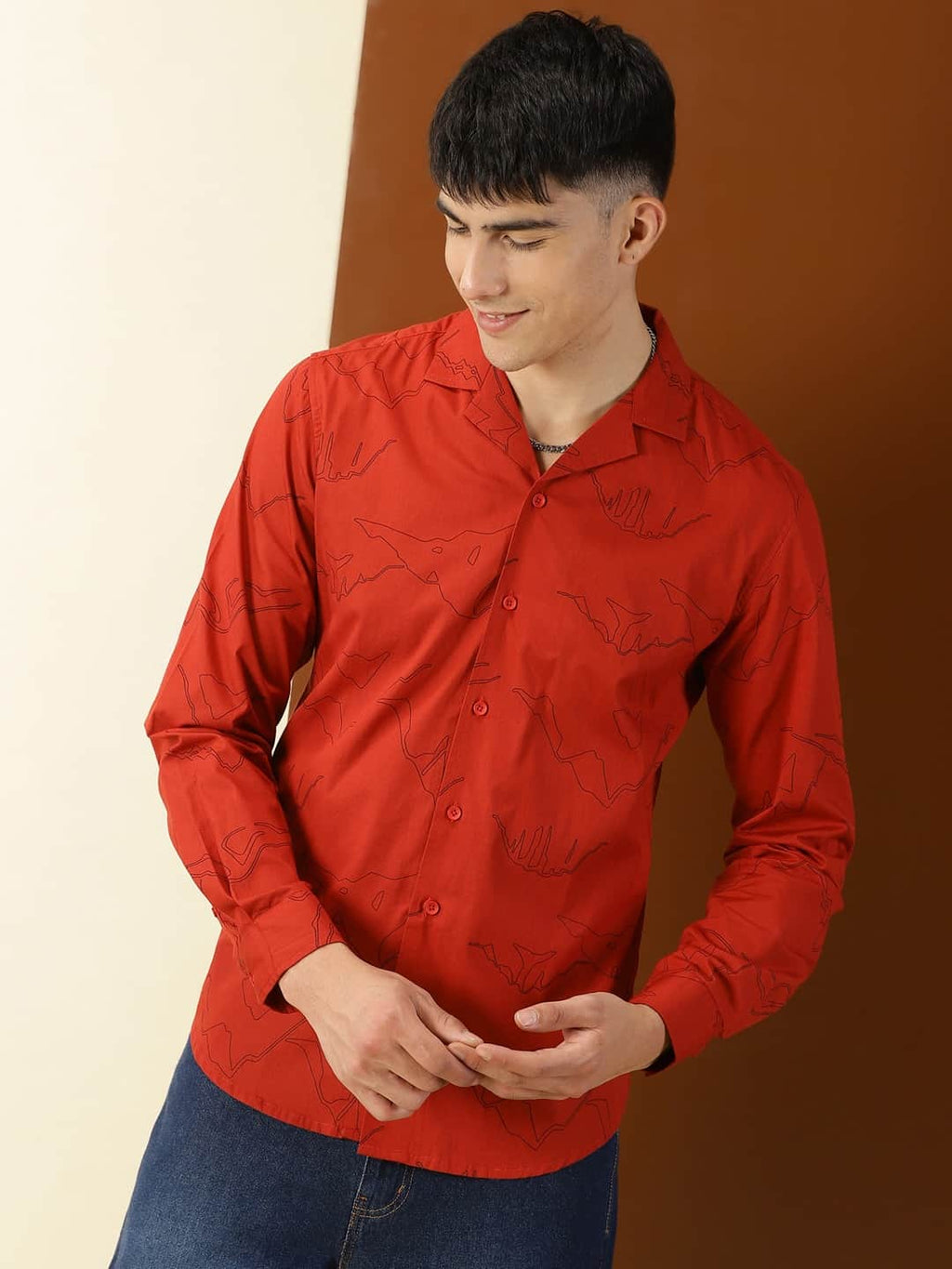 Thomas Scott Men Classic Abstract Printed Cuban Collar Cotton Casual Shirt