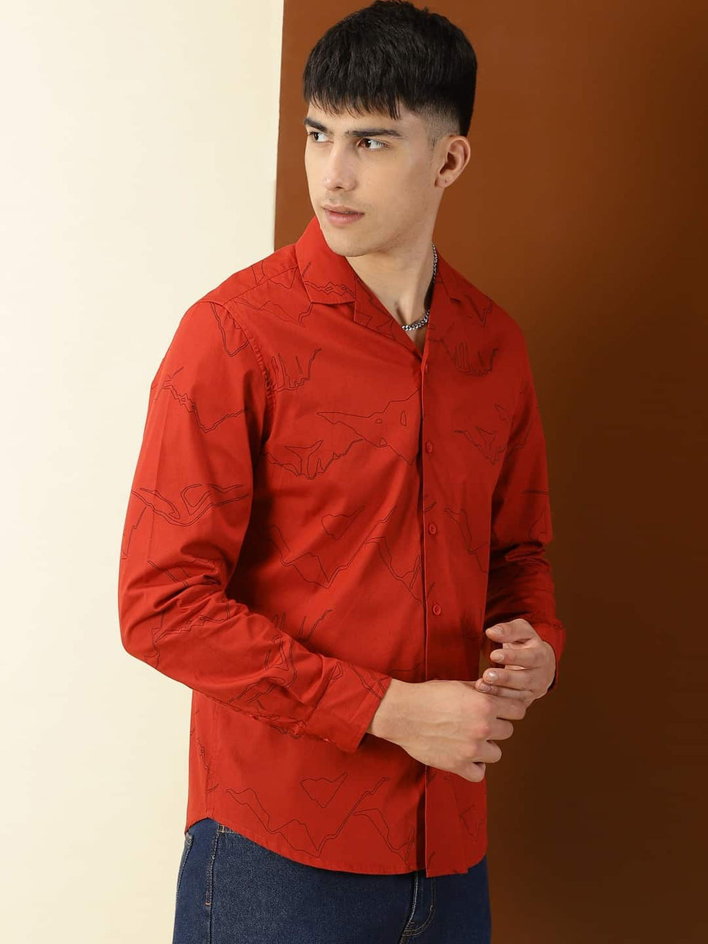 Thomas Scott Men Classic Abstract Printed Cuban Collar Cotton Casual Shirt
