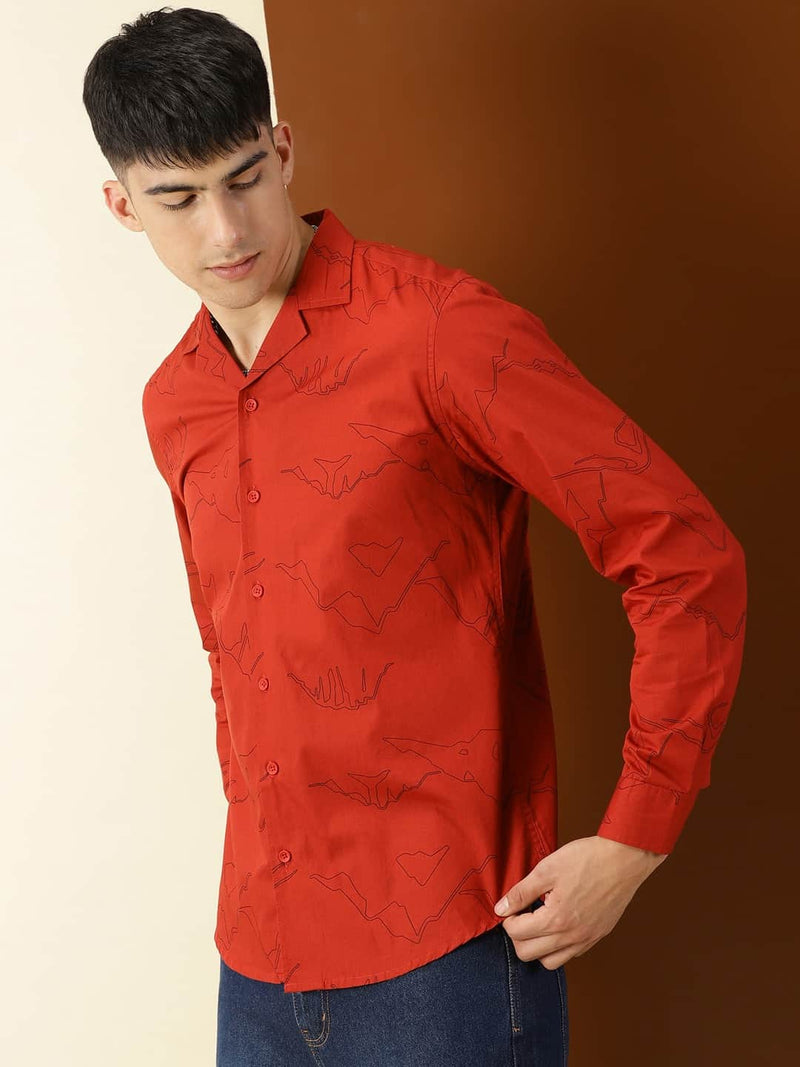 Thomas Scott Men Classic Abstract Printed Cuban Collar Cotton Casual Shirt