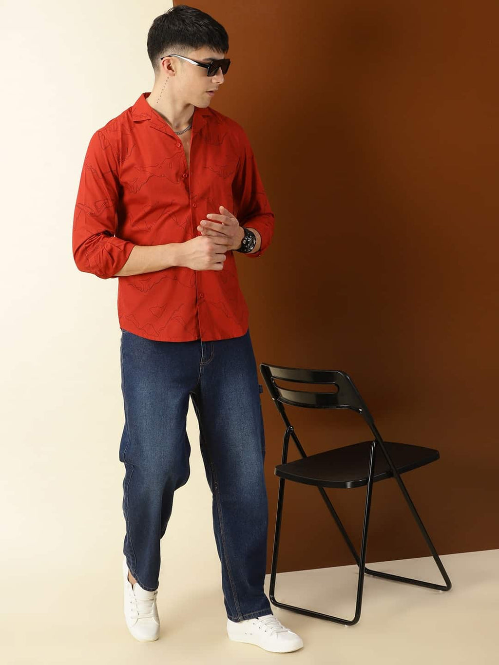Thomas Scott Men Classic Abstract Printed Cuban Collar Cotton Casual Shirt
