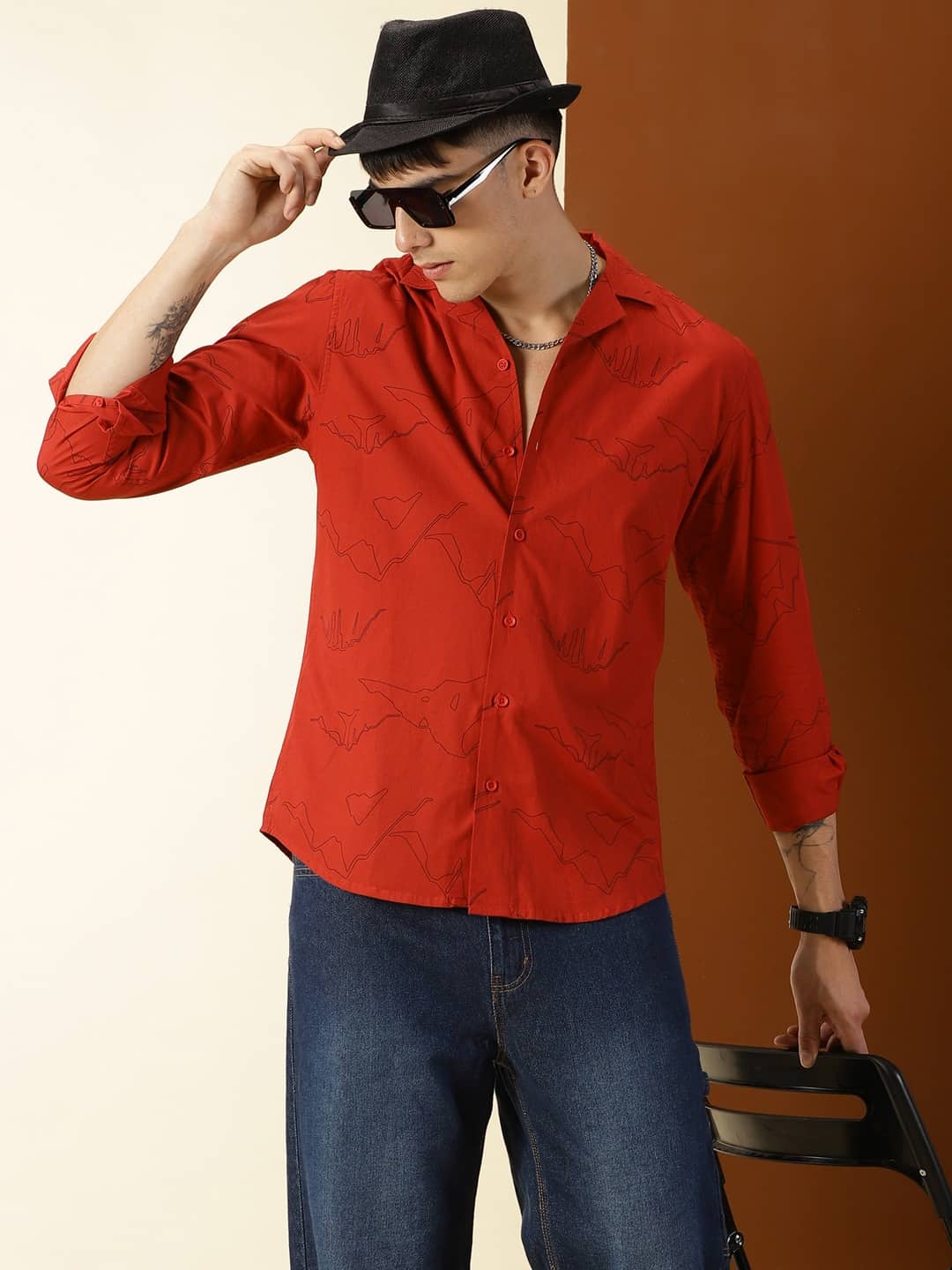 Thomas Scott Men Classic Abstract Printed Cuban Collar Cotton Casual Shirt