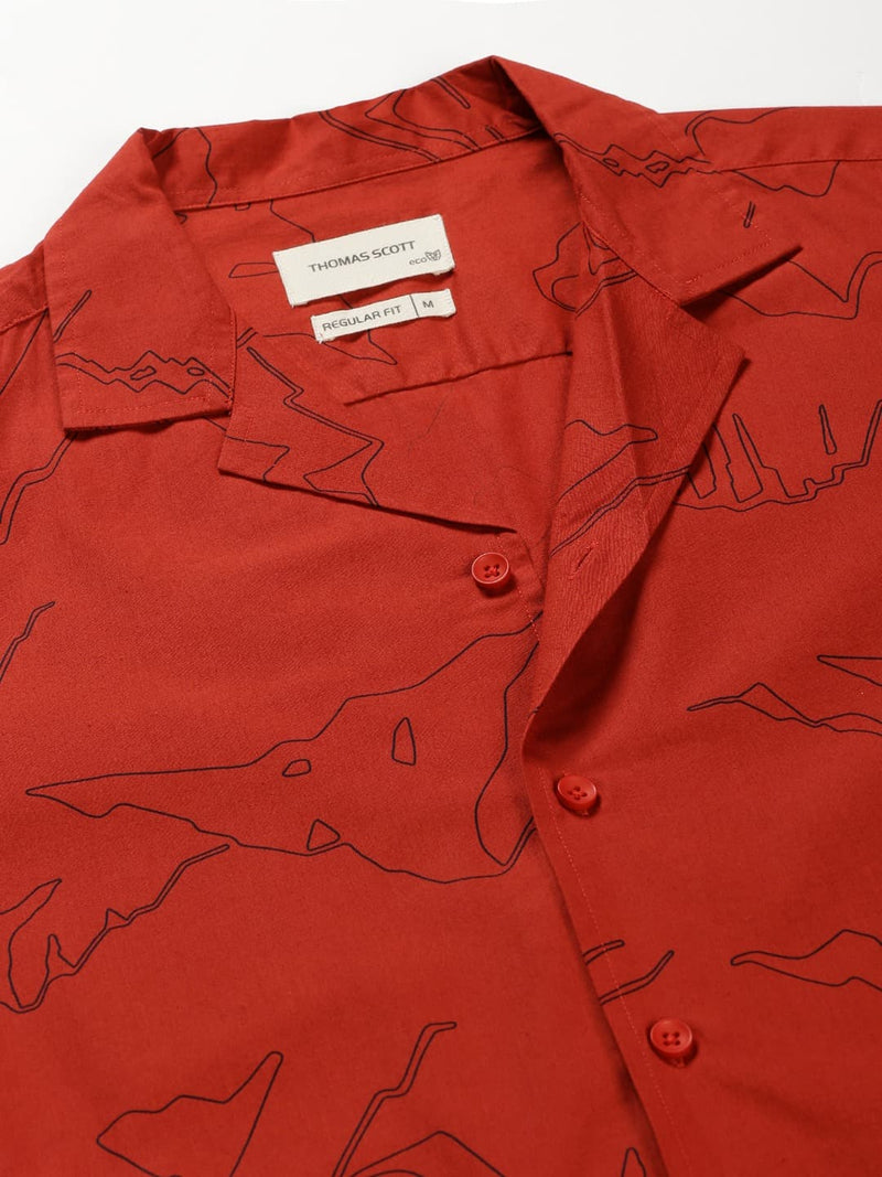 Thomas Scott Men Classic Abstract Printed Cuban Collar Cotton Casual Shirt