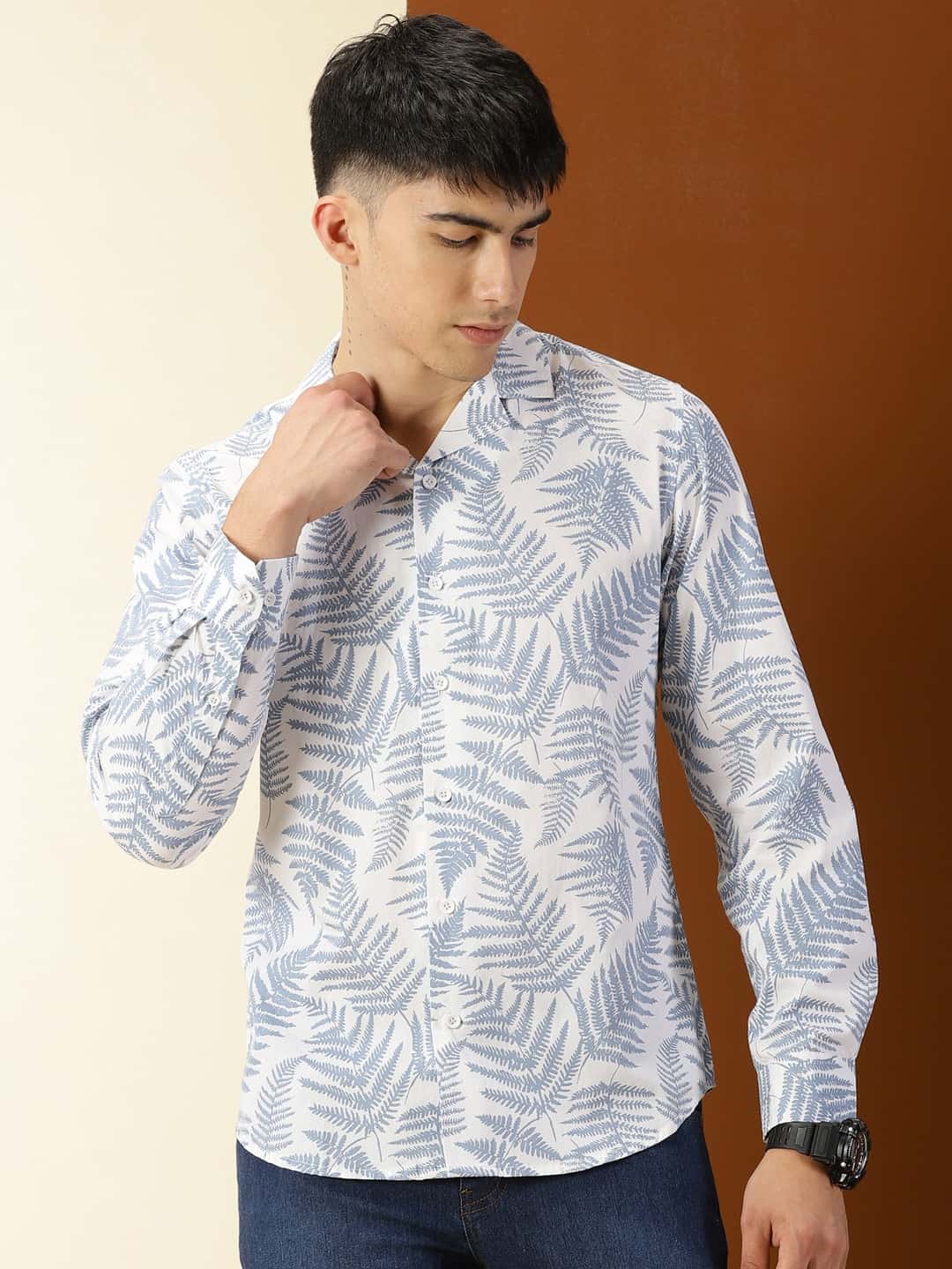 Thomas Scott Men Classic Floral Printed Cuban Collar Cotton Casual Shirt