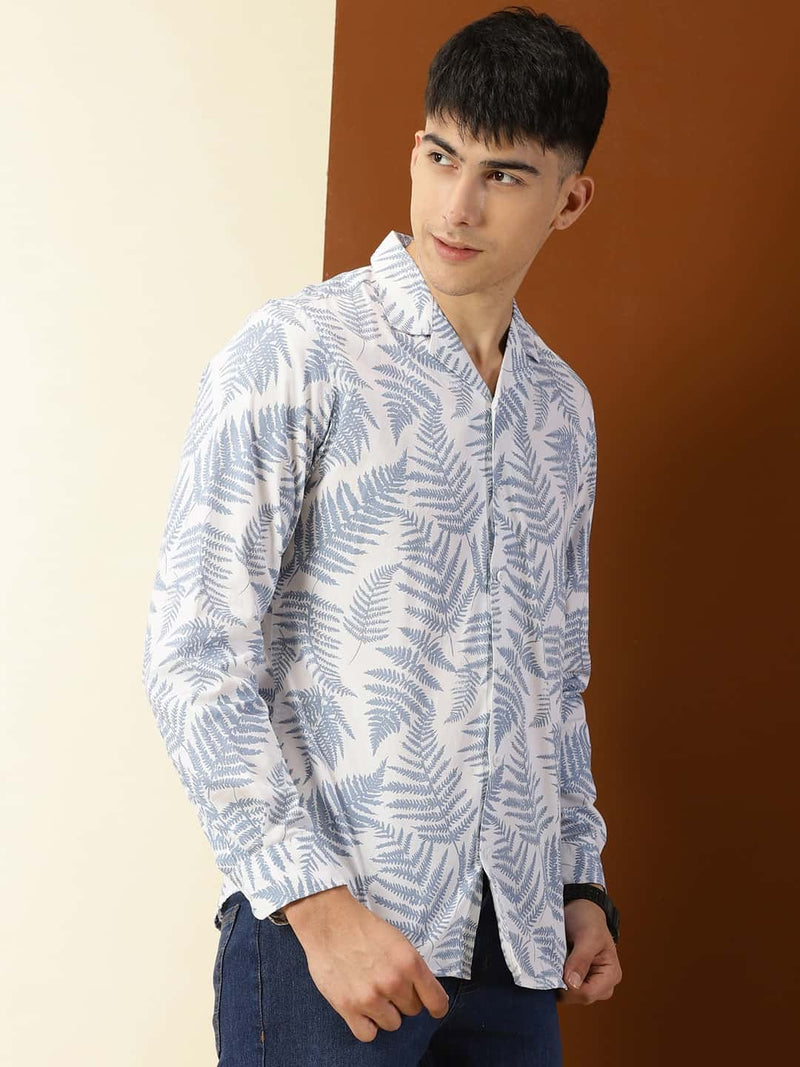 Thomas Scott Men Classic Floral Printed Cuban Collar Cotton Casual Shirt