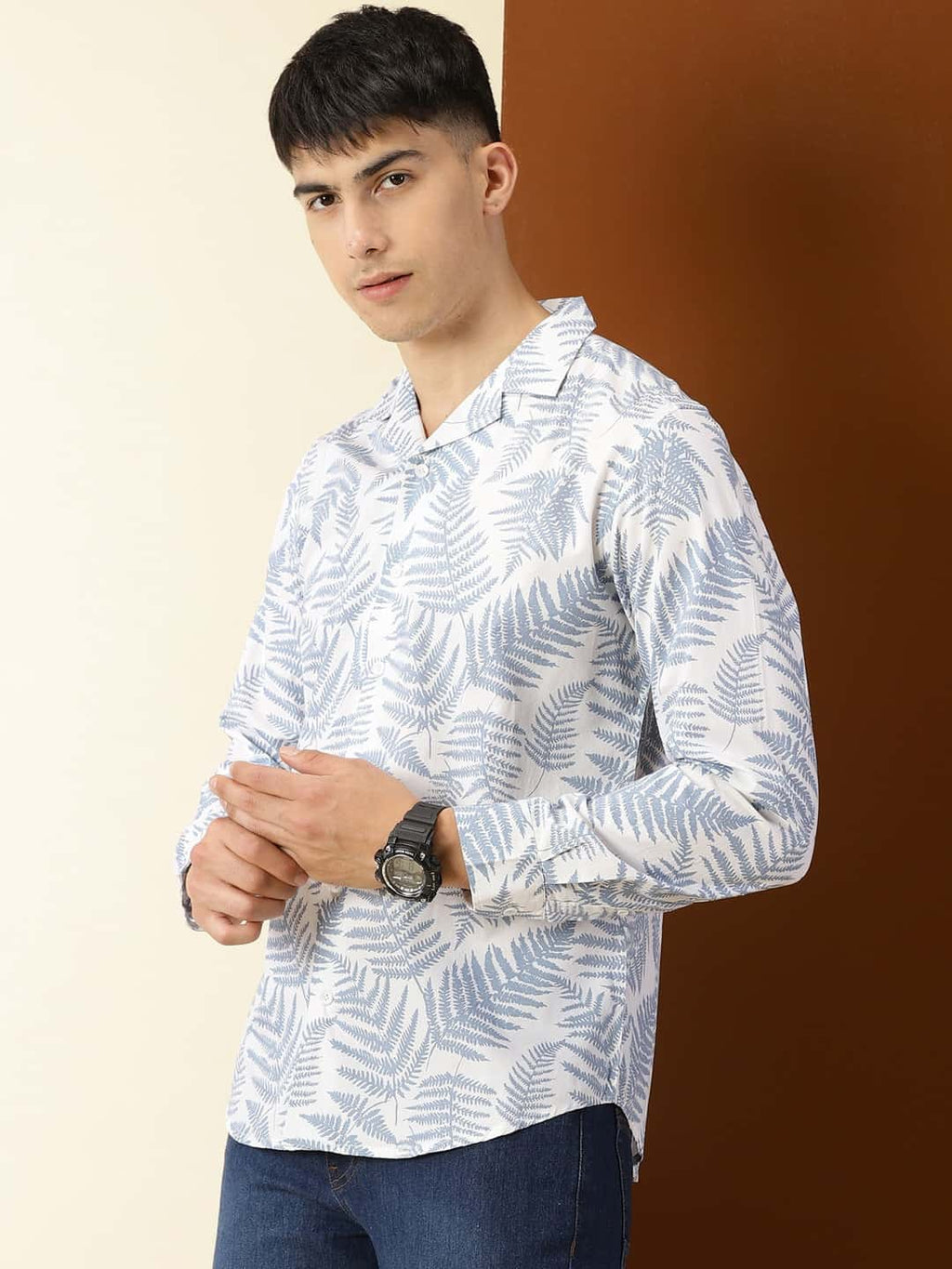 Thomas Scott Men Classic Floral Printed Cuban Collar Cotton Casual Shirt