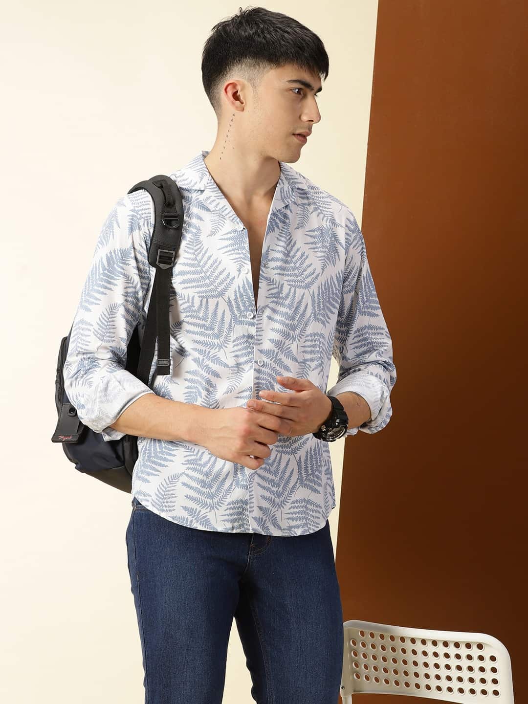 Thomas Scott Men Classic Floral Printed Cuban Collar Cotton Casual Shirt