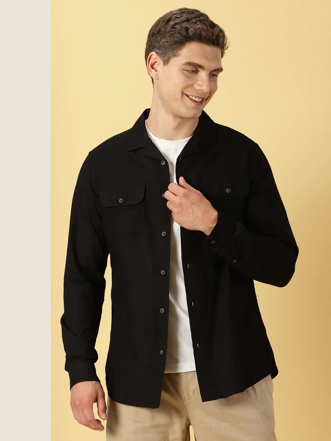 Thomas Scott Men Classic Regular Cuban Collar Long Sleeve Pocket Cotton & Linen Shacket