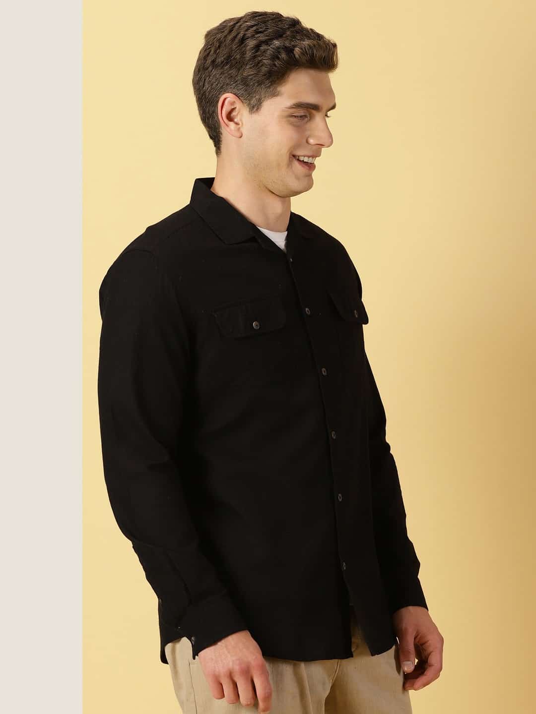 Thomas Scott Men Classic Regular Cuban Collar Long Sleeve Pocket Cotton & Linen Shacket