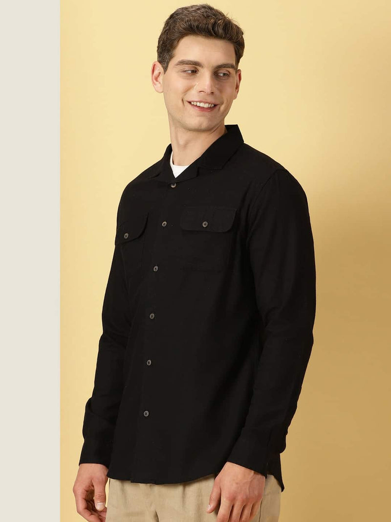 Thomas Scott Men Classic Regular Cuban Collar Long Sleeve Pocket Cotton & Linen Shacket