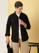 Black Classic Regular Cuban Collar Long Sleeve Pocket Cotton & Linen Shacket For Men