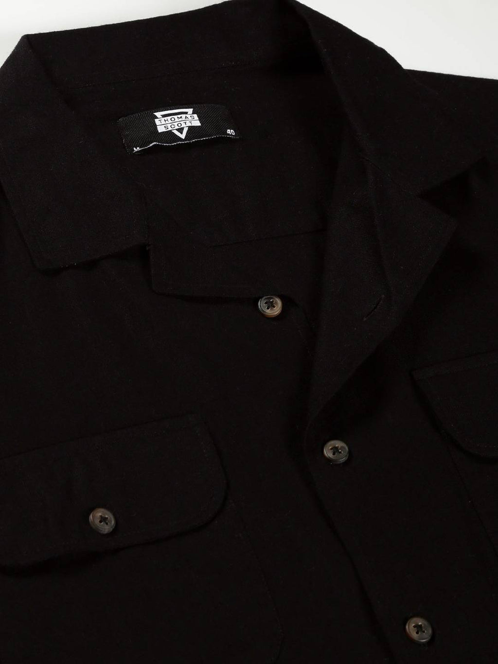 Thomas Scott Men Classic Regular Cuban Collar Long Sleeve Pocket Cotton & Linen Shacket