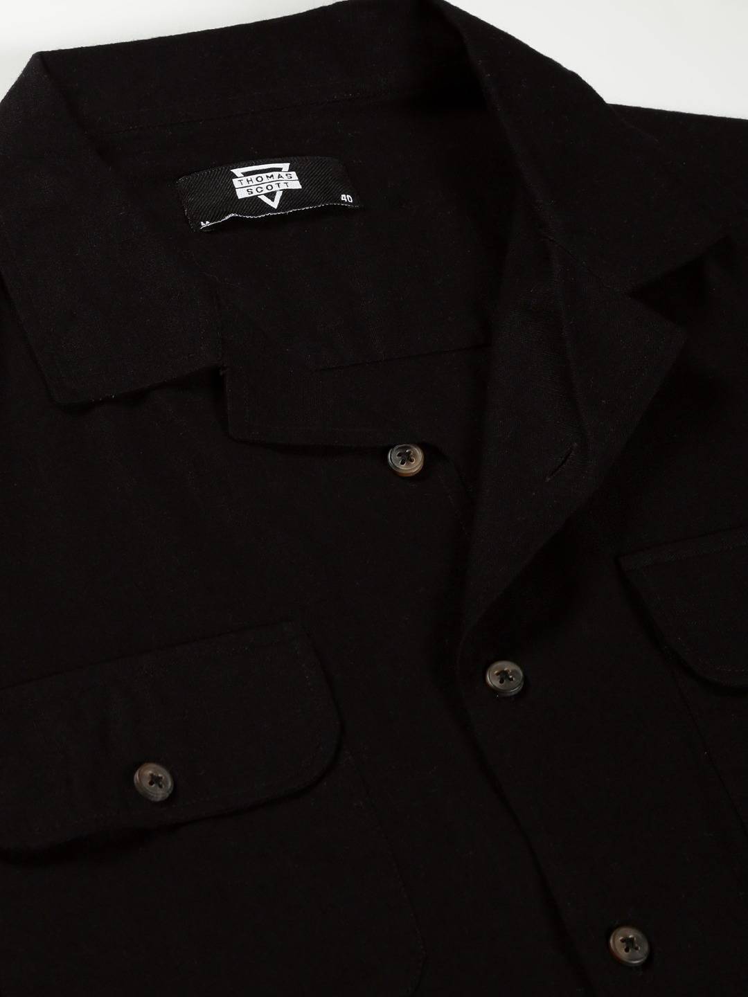Thomas Scott Men Classic Regular Cuban Collar Long Sleeve Pocket Cotton & Linen Shacket