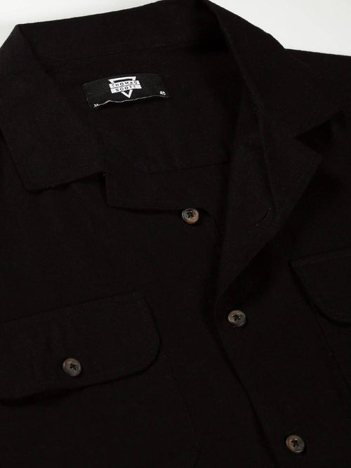 Thomas Scott Men Classic Regular Cuban Collar Long Sleeve Pocket Cotton & Linen Shacket