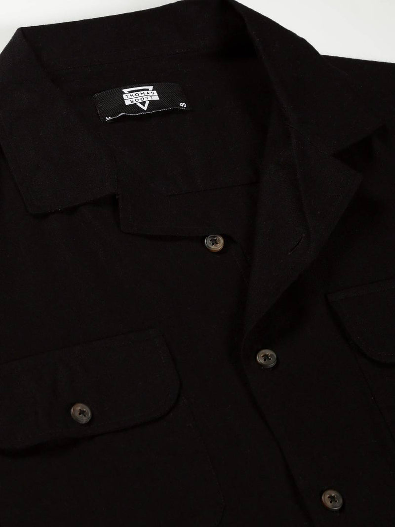 Thomas Scott Men Classic Regular Cuban Collar Long Sleeve Pocket Cotton & Linen Shacket