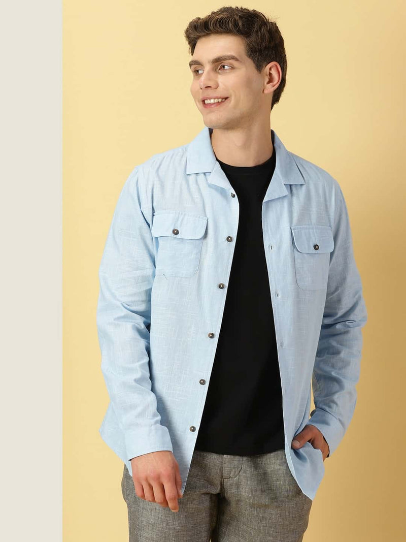 Thomas Scott Men Spread Collar Classic Cotton Linen Shacket